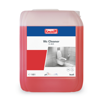 Un grand récipient de 10 litres avec Buzil WC Cleaner G 465 Nettoyant sanitaire visqueux de BUZIL-WERK Wagner GmbH & Co. KG contient un liquide rouge, parfait pour enlever le calcaire et les dépôts d'urine. L'étiquette contient le nom du produit, une description, des informations sur le pH et une image en niveaux de gris d'une toilette.