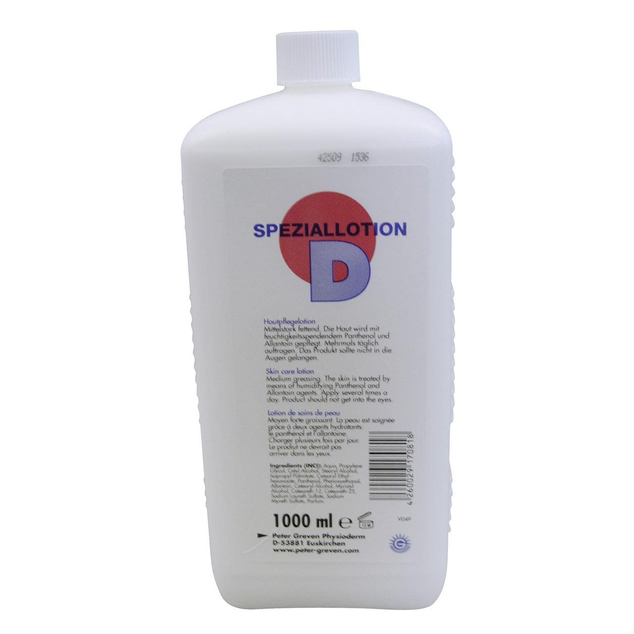 Une bouteille de lotion lavante CWS blanche de 1000 ml sans chlorure se tient debout. L'étiquette sur le devant montre un cercle rouge avec un "D" bleu et contient un texte en allemand, anglais et français sur le lavage hygiénique des mains.