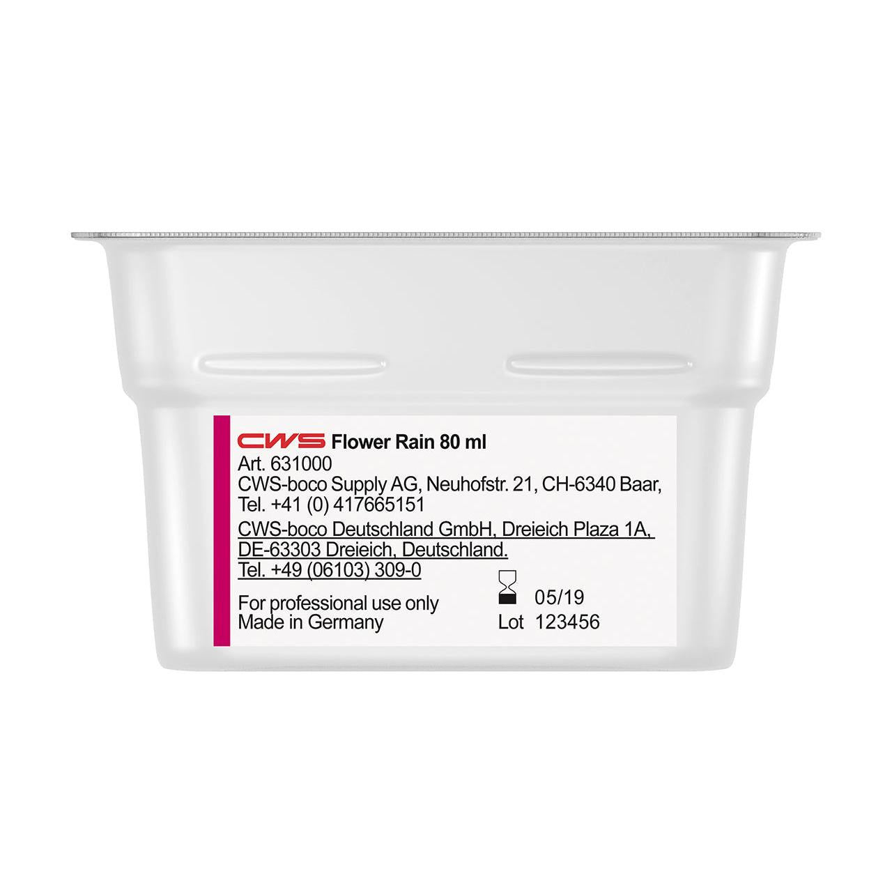 Un parfum pour salle de bain CWS ParadiseLine rectangulaire de 80 ml pour diffuseur de parfum Paradise Air Bar avec l'inscription "CWS Flower Rain" avec des informations sur le produit, l'entreprise et les contacts ainsi qu'un mode d'emploi. Fabriqué en Allemagne. Valable : 05/19. Lot : 123456. Idéal comme parfum pour salle de bain.