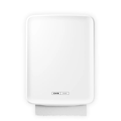 Un distributeur hybride CWS PureLine Paperroll NT blanc monté au mur avec une feuille de serviette en papier visible suspendue en dessous. Sur le devant, il y a une petite étiquette "CWS" et des informations sur le produit. Vendu dans un paquet de 1 pièce.