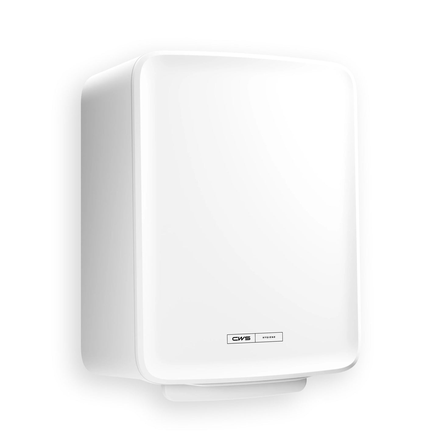Le CWS PureLine Paperroll NT Hybrid est un sèche-mains mural blanc, rectangulaire, avec des bords arrondis et une petite étiquette CWS avec le logo au centre inférieur.