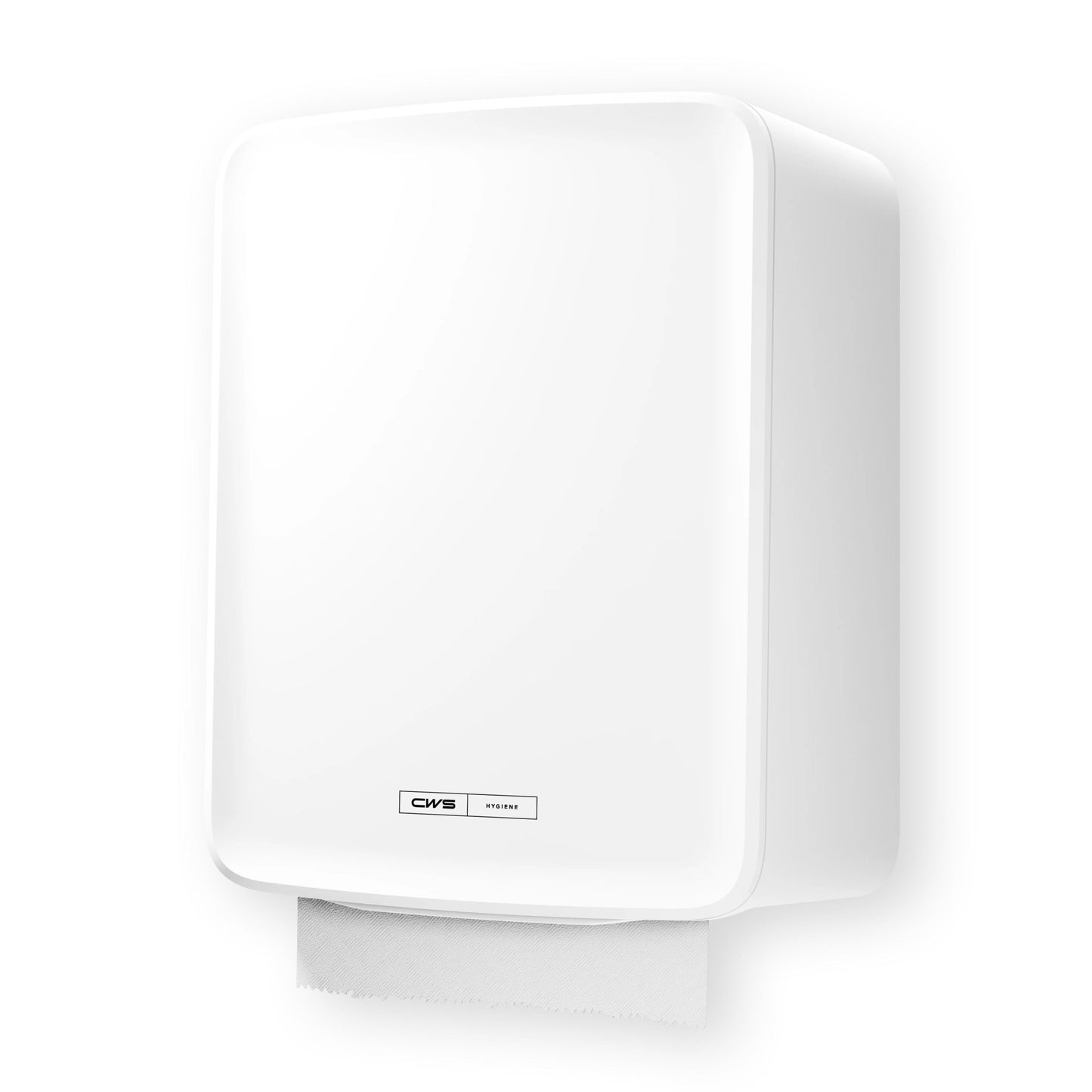 Un distributeur hybride CWS PureLine Paperroll NT blanc monté au mur par CWS, avec une serviette en papier partiellement visible en bas et une petite étiquette rectangulaire à l'avant.