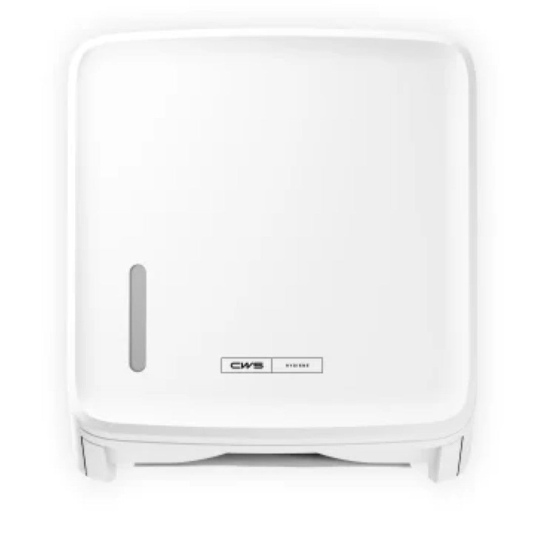 Le distributeur de papier plié CWS PureLine (1 pièce) de CWS est un distributeur mural blanc au design rectangulaire, avec une petite fenêtre verticale sur le côté gauche et le logo CWS à l'avant pour un stockage hygiénique du papier.