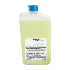 Le liquide désinfectant universel CWS Cleanseat (1 pièce) se présente dans une bouteille en plastique transparent avec un bouchon bleu et une étiquette blanche avec le logo rouge "CWS" - idéal pour les surfaces hygiéniques.