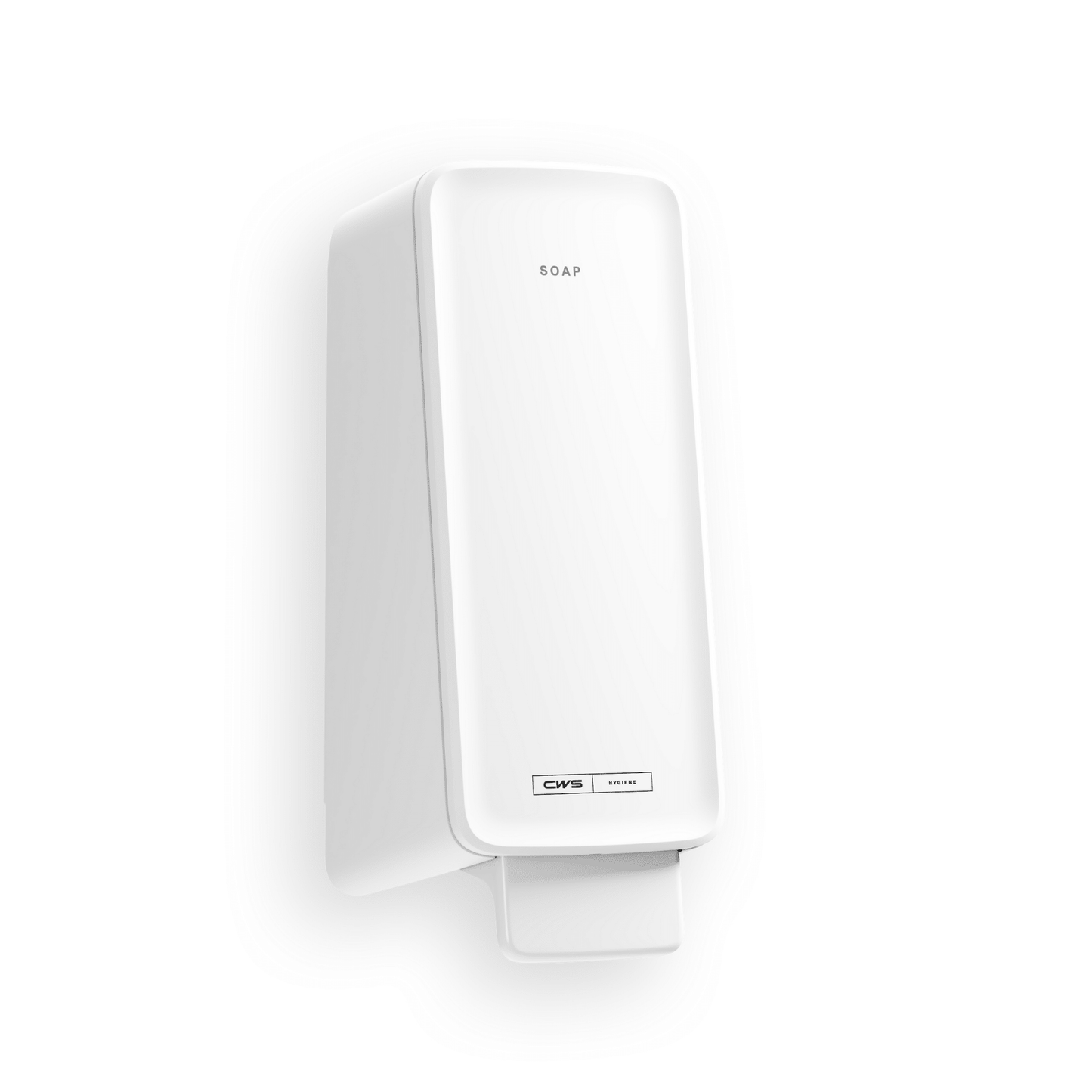 Un distributeur de savon mousse blanc, rectangulaire, CWS PureLine de CWS est fixé au mur avec un levier de pression en bas, l'inscription "SOAP" en haut et une étiquette près de la base - parfait pour toute salle de bain avec un fond blanc simple.