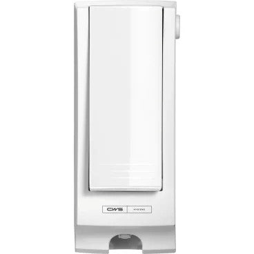 Le panneau avant CWS pour Paradise Seatcleaner est un distributeur mural blanc, rectangulaire, avec levier de pression et petite ouverture de distribution, conçu pour l'hygiène des toilettes et idéal pour être utilisé avec les produits Paradise Seatcleaner.