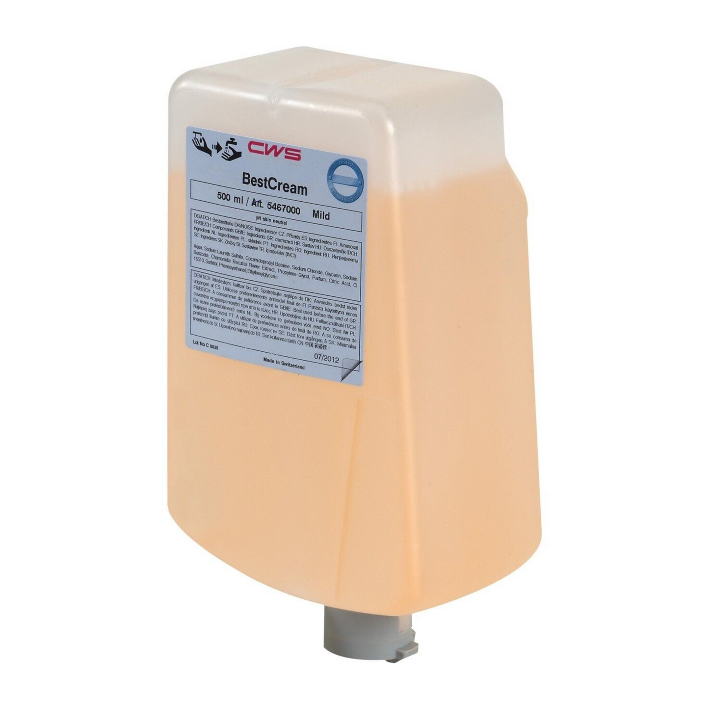 La crème de savon CWS BestCream Mild est livrée dans un pack de recharge de 500 ml pour un remplissage facile, avec une buse de dosage pratique au bas et une étiquette claire pour les instructions et les détails du produit.