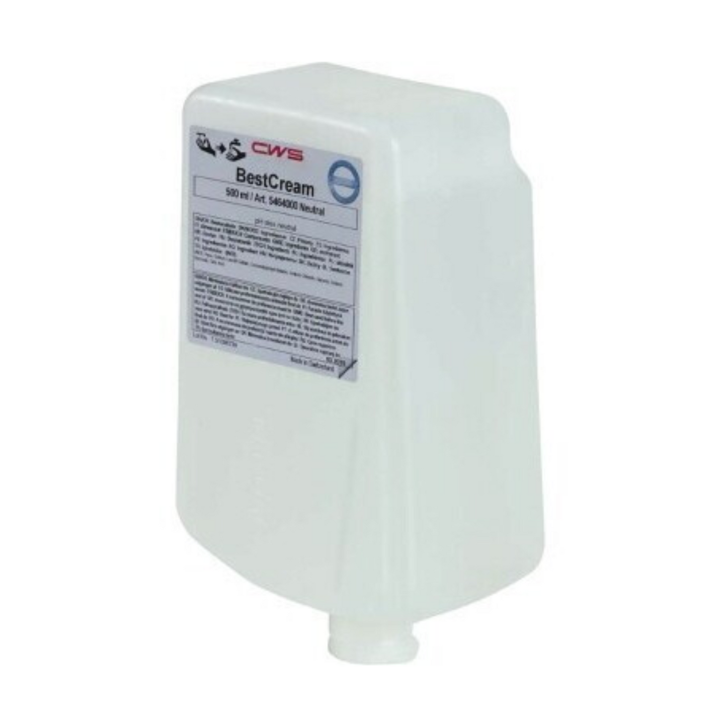 Un récipient blanc avec de la crème de savon CWS BestCream Neutral 1000 ml Recharge de savon avec une étiquette sur le devant. Le récipient semble contenir 500 ml de produit. L'étiquette contient du texte et des logos, le nom du produit « BestCream Neutral 1000 ml Recharge de savon » étant bien visible. Cette crème biodégradable a également un parfum neutre pour une expérience agréable.