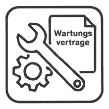 Un symbole en noir et blanc montre une clé à molette et un engrenage devant un document avec l'inscription "Contrats de maintenance", qui est le contrat de maintenance TASKI Ultimaxx 2900 Full Service Li (y compris réparations, pièces de rechange, batteries Li-Ion) de Diversey Deutschland GmbH & Co. OHG.
