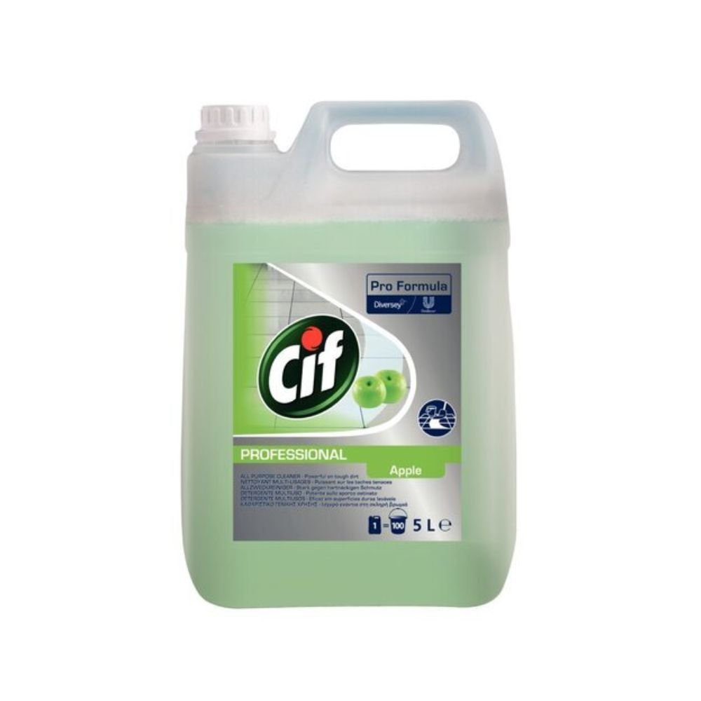 Un récipient de 5 litres de nettoyant tout usage Cif Professional Neutraliseur d'odeurs de pomme de Diversey Deutschland GmbH & Co. OHG avec un parfum de pomme vivifiant. Le récipient en plastique est équipé d'une poignée pratique et d'un bec verseur, tandis que l'étiquette affiche le nom de la marque et les détails du produit sur un fond vert clair.