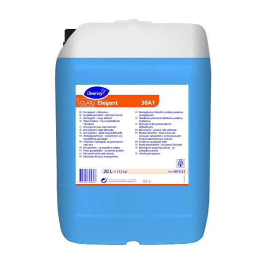 Le bidon bleu et blanc portant la mention « Clax Elegant 30A1 » de la société Diversey Deutschland GmbH & Co. OHG est une lessive liquide enzymatique destinée aux blanchisseries professionnelles et adaptée aux textiles délicats. Le bidon de 20 litres comporte des informations détaillées sur le produit, des consignes d'utilisation et un code-barres sur le dessous.