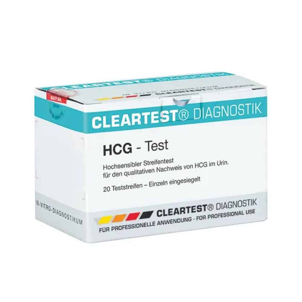 Emballage de bandelettes de test de grossesse Cleartest hCG - 20 pièces de Servoprax GmbH, avec le texte en allemand indiquant qu'il est destiné à la détermination qualitative de l'hCG dans l'urine et est réservé à un usage professionnel.