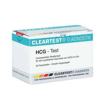 Emballage de bandelettes de test de grossesse Cleartest hCG - 20 pièces de Servoprax GmbH, avec le texte en allemand indiquant qu'il est destiné à la détermination qualitative de l'hCG dans l'urine et est réservé à un usage professionnel.