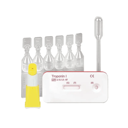 Le test d'infarctus Cleartest® Troponin I Sang Total de Servoprax GmbH est un test médical rapide pour le diagnostic du syndrome coronarien aigu. Il est livré avec une cassette de test marquée, des réactifs scellés, une pipette et un flacon compte-gouttes en plastique. La cassette dispose d'une fenêtre de résultat pour une détection rapide et précise des infarctus du myocarde.