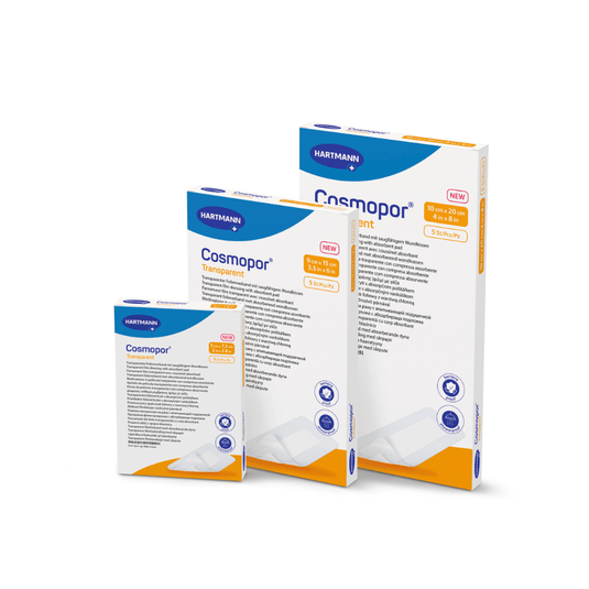 Trois boîtes de pansements transparents stériles « Cosmopor Transparent » de la société Paul Hartmann AG, disponibles en différentes tailles, sont présentées avec un habillage bleu et orange. Chaque boîte se distingue par des caractéristiques telles que la respirabilité et le confort d'un pansement imperméable, offrant une excellente protection contre l'eau.
