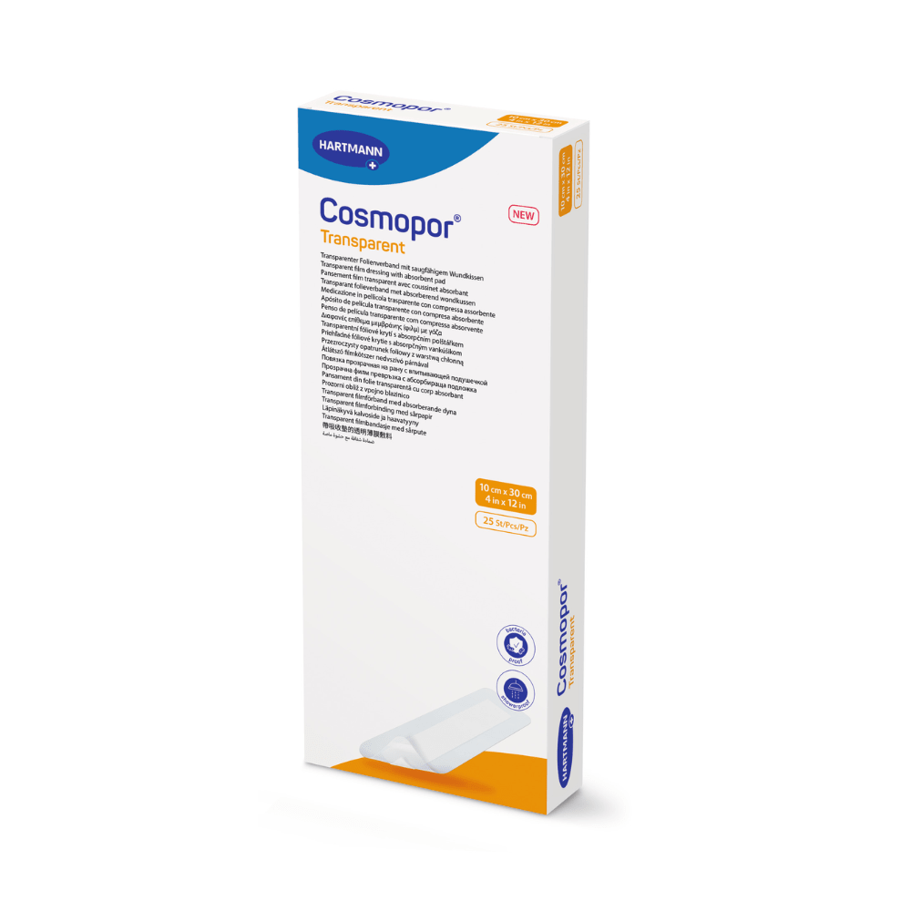 Le produit illustré est une boîte de pansements Cosmopor transparent stérile de Paul Hartmann AG. L'emballage blanc présente un texte bleu-orange qui souligne les propriétés résistantes aux bactéries. Il se compose de deux pièces de 8 cm x 10 cm et est orné d'une image sur le devant.