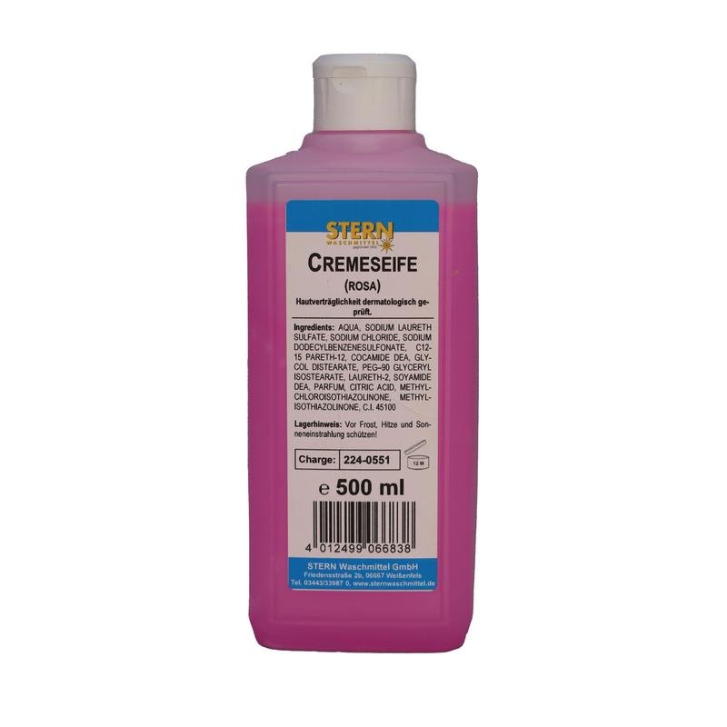 Une bouteille en plastique de 500 ml de savon crème liquide rose STERN de la Stern Waschmittel GmbH, avec un bouchon à clapet blanc. Étiquette avec ingrédients, mode d'emploi, informations de contact et code-barres. Soin doux - convient à tous les types de peau.