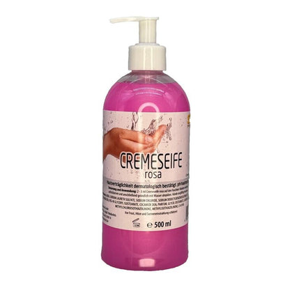 Une bouteille pompe de 500 ml de savon crème rose STERN de la Stern Waschmittel GmbH, le savon idéal pour tous les types de peau. L'étiquette allemande indique "lavage des mains" et "soin doux".
