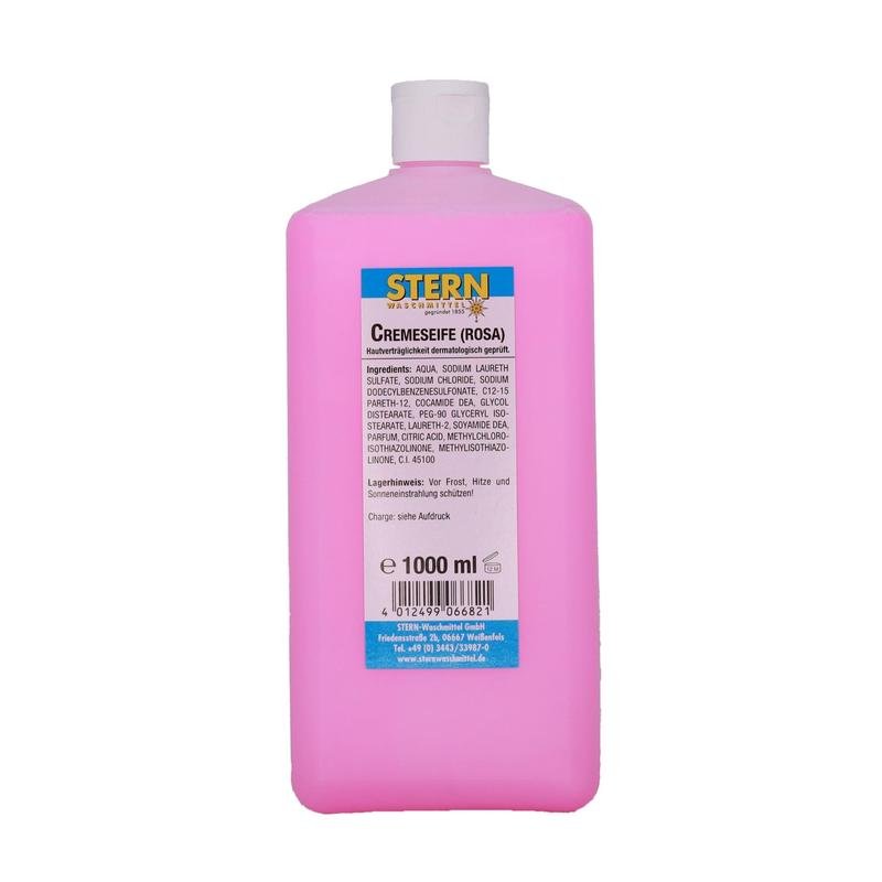 La bouteille rose de 1 000 ml de savon crème rose STERN de la Stern Waschmittel GmbH a un bouchon blanc et une étiquette allemande avec des instructions de soin, des ingrédients, des instructions d'utilisation et des informations sur le fabricant. Convient comme savon pour tous les types de peau.