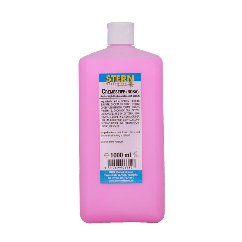 Die rosafarbene 1.000-ml-Flasche der STERN Cremeseife rosa der Stern Waschmittel GmbH hat einen weißen Verschluss und ein deutsches Etikett mit Pflegehinweisen, Inhaltsstoffen, Anwendung und Herstellerangaben. Als Seife für alle Hauttypen geeignet.