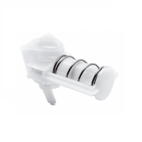 Une valve à ressort blanche en plastique et métal avec deux joints toriques, une pièce de rechange pour la pompe à liquide de 1 ml pour distributeur en vrac (Diversey Deutschland GmbH & Co. OHG), standard dans le distributeur en vrac Soft Care, présentée sur un fond blanc simple.