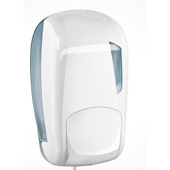Le distributeur Soft Care de Diversey Deutschland GmbH & Co. OHG est un distributeur mural en plastique blanc pour désinfectant ou savon liquide, avec une paroi latérale transparente et une grande surface de pression pour une utilisation facile.