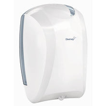 Ein weiß/transparenter Kunststoff-Papierrollenhalter mit Innenabwicklung (35,2 x 24,3 x 24 cm) von Diversey Deutschland. Wandmontage, modernes Design, Spender für Wischtücher mit sichtbarem Ausgabeschlitz. Packung: 1 Stück.