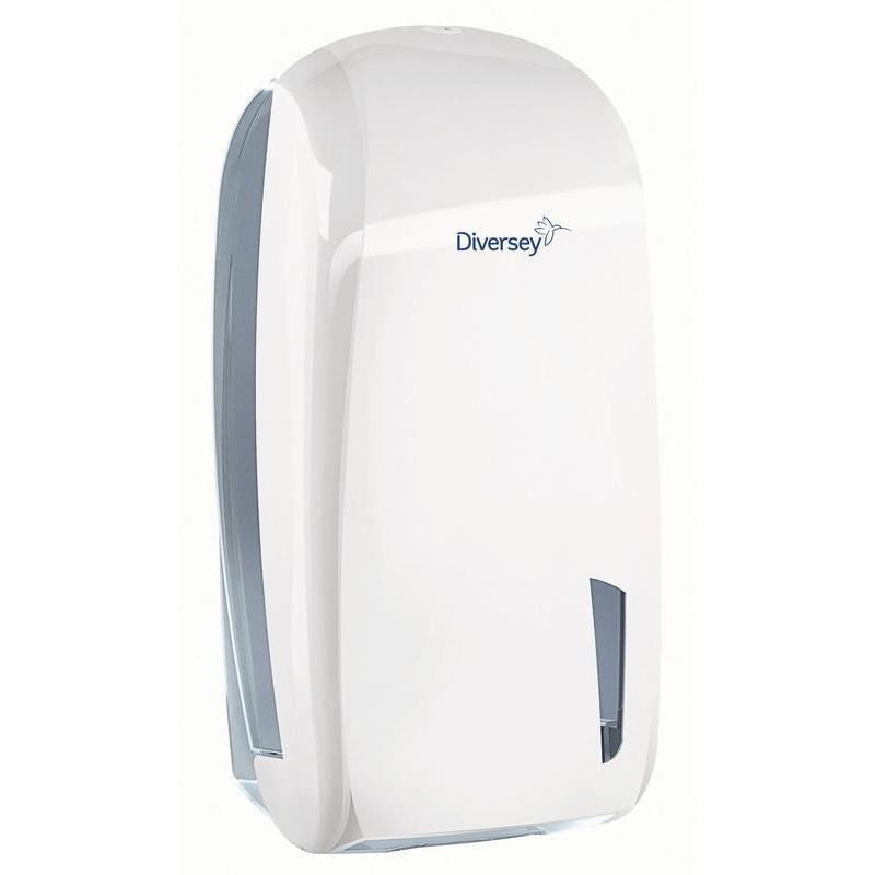 Le distributeur de papier toilette en feuilles individuelles Diversey en plastique blanc/transparent (328 x 165 x 135 mm) pour feuilles individuelles dispose d'une fenêtre de visualisation et assure une hygiène pour le papier toilette dans les espaces sanitaires publics. Convient pour le papier 7523655.