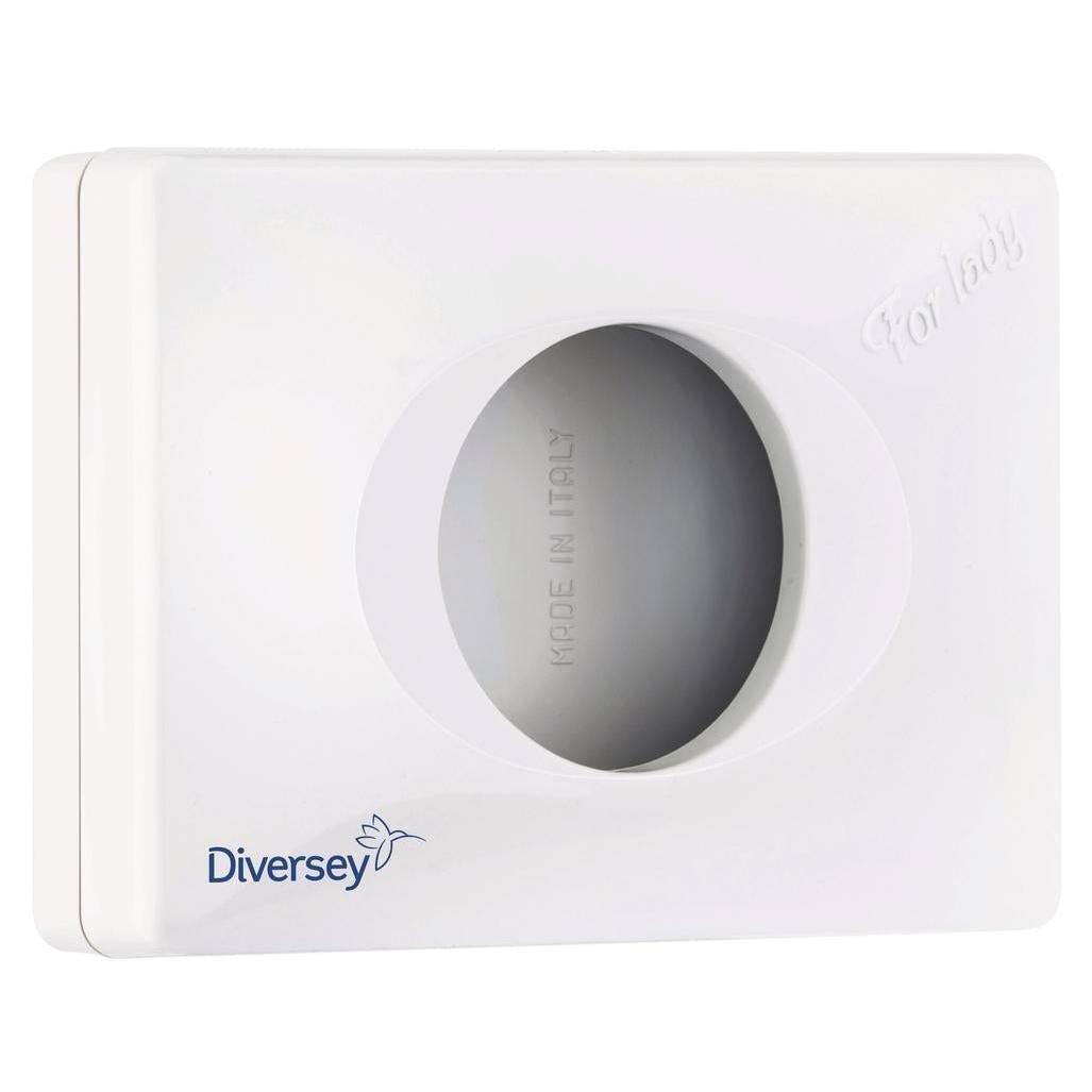 Le distributeur de sachets hygiéniques en plastique blanc (95x135x32 mm) de Diversey Deutschland GmbH & Co. OHG est idéal pour les sanitaires publics, avec une ouverture ovale et l'inscription "MADE IN ITALY" à l'intérieur de l'ouverture.