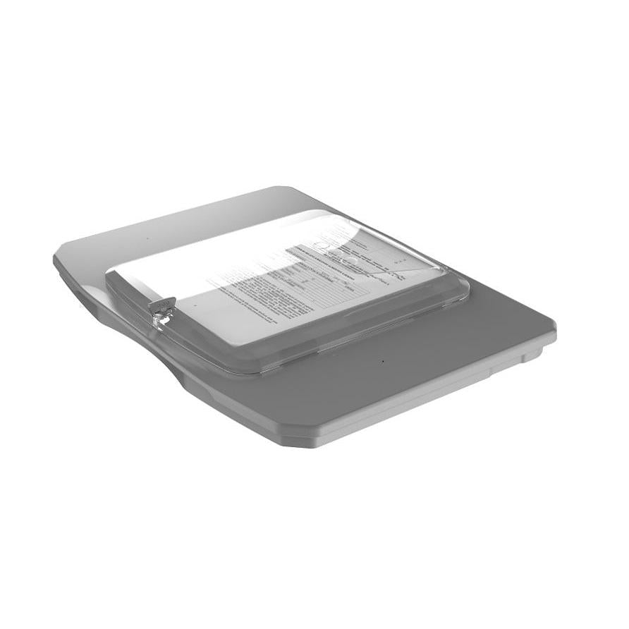 Un scanner à plat dont le couvercle est légèrement ouvert et sur lequel est posé un document sur la vitre – idéal pour les guides de numérisation, comme par exemple pour le couvercle Di Protect avec support pour iPad (1 pièce) de Diversey Deutschland GmbH & Co. OHG.