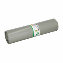 Die DEISS LOOP PLUS Abfallsäcke 29290, eine 120 Liter fassende graue Kunststoffplane der Marke EMIL DEISS KG (GmbH + Co.), sind mit Texten und Symbolen in auffälligen grünen und schwarzen Markierungen versehen. Die zylindrische Plane besteht aus recyceltem Material und entspricht den Prinzipien der Kreislaufwirtschaft, sodass sie vielseitig einsetzbar ist.