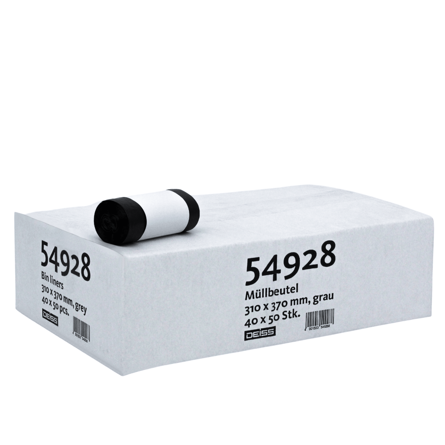 Sur un carton de sacs poubelle gris de la marque EMIL DEISS KG (GmbH + Co.) avec rouleau en haut, les détails du produit sont inscrits : « 6 litres résistant à la déchirure avec 10 à 20 % de contenu régénéré, 310 x 370 mm, gris, 40 x 50 pièces » et « 30 x 39 », « 30 pièces » en lettres noires.