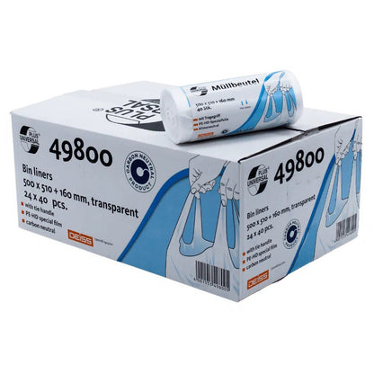 Un carton avec des sacs poubelle DEISS Universal Plus, étiqueté «49800», de EMIL DEISS KG (GmbH + Co.), avec le rouleau en haut. Les sacs mesurent 500 x 510 + 160 mm, sont transparents et sont livrés en 24 paquets de 40 pièces chacun. Avec une capacité de 20 litres et des poignées, ces sacs durables et neutres en CO2 sont idéaux pour votre gestion des déchets.