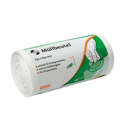 Un rouleau de sacs poubelle DEISS First Plus® de 80 litres, fabriqué par EMIL DEISS KG (GmbH + Co.), avec un étiquetage vert-orange. L'emballage Premium-LDPE a des dimensions de 630 x 850 mm et met en avant des caractéristiques telles que «résistance extrême à la déchirure» et «ouverture facile».
