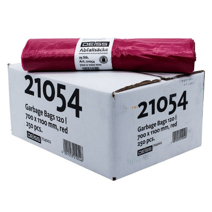 Dans une boîte blanche portant l'inscription «21054», se trouve un pack premium avec 250 sacs poubelles DEISS de couleur rouge, de dimensions 700 x 1100 mm, en LDPE recyclé. Dessus repose soigneusement un rouleau de l'EMIL DEISS KG (GmbH + Co.).
