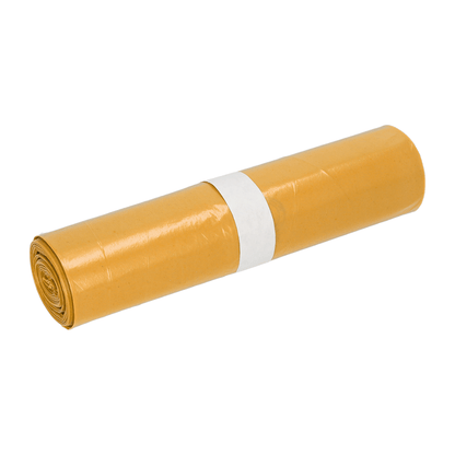 Un rouleau de sacs poubelle EMIL DEISS KG (GmbH + Co.) DEISS type 60, 575x1000 mm, 70 l, en LDPE recyclé, avec une bande de papier blanc au milieu, sur fond blanc.
