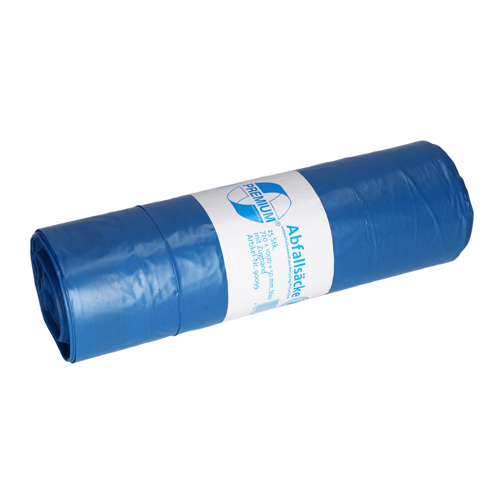 Un sac poubelle DEISS PREMIUM® Type 80 enroulé avec cordon de serrage de EMIL DEISS KG (GmbH + Co.) en matériau recyclé, muni d'une étiquette blanche avec texte et graphique, soulignant sa résistance impressionnante à la perforation et à la déchirure.