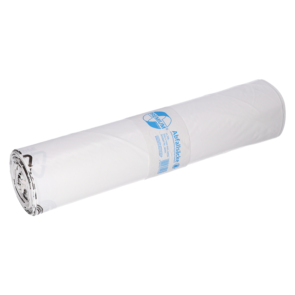 Un sac à ordures en plastique blanc enroulé de EMIL DEISS KG (GmbH + Co.) avec une étiquette bleue sur laquelle est représenté le modèle DEISS 16001 - 700x1100 mm Type 60. L'étiquette affiche fièrement sa capacité de 120 litres et souligne l'engagement de la marque pour l'utilisation de matériaux recyclés. Chaque rouleau contient 25 pièces.