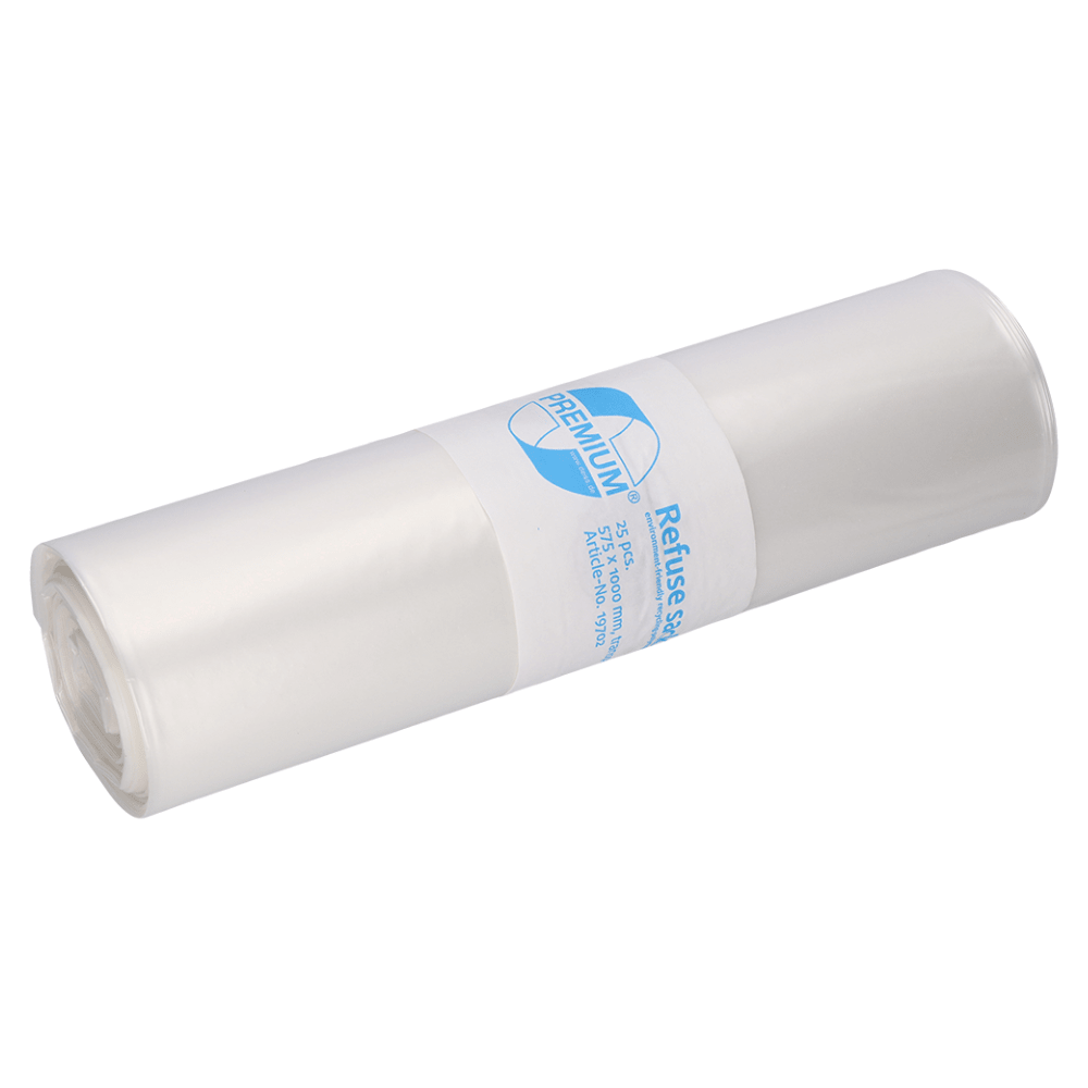 Sur un fond simple se trouve un paquet compactement enroulé de sacs poubelles DEISS Premium 19702. Ces sacs poubelles transparents de 70 litres d'EMIL DEISS KG sont parfaits pour une gestion efficace des déchets et conviennent idéalement pour des quantités de déchets plus importantes.