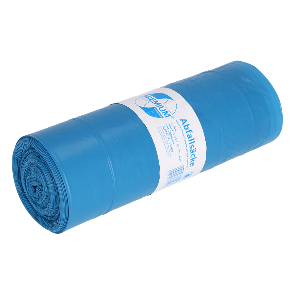 Un rouleau de sacs poubelle bleus avec une étiquette comportant du texte et un code-barres. Ces sacs bleus DEISS 10099 - 700x1000+50 mm Type 60 sont conçus pour une gestion efficace des déchets, ont une forme cylindrique et disposent d'un cordon robuste pour une fermeture facile. Marque : EMIL DEISS KG (GmbH + Co.), Contenu : 25 pièces par rouleau.