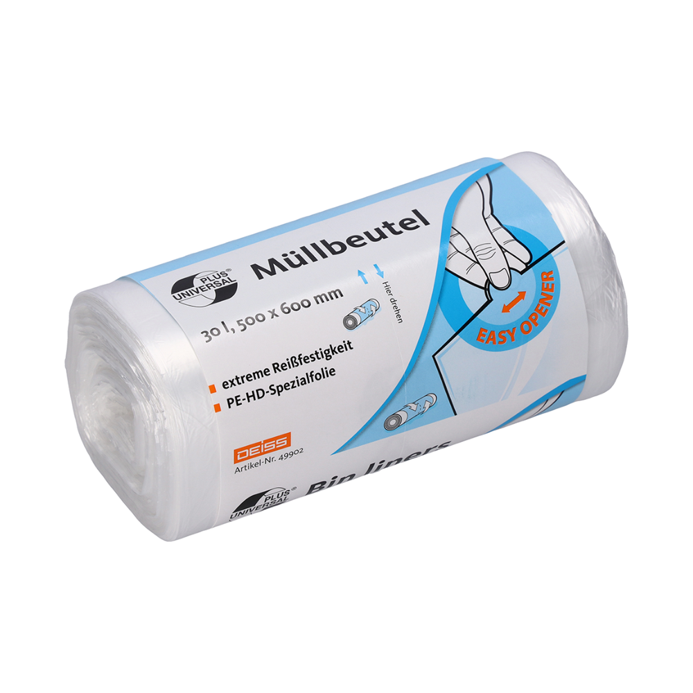 Un rouleau de sacs poubelle DEISS Universal Plus®, 49902 - 30 litres d'EMIL DEISS KG (GmbH + Co.) est livré dans un emballage qui met en avant ses spécifications, y compris des dimensions de 30 litres et 500 x 600 mm. Chaque sac est fabriqué en film spécial PE-HD et présente une résistance à la déchirure exceptionnelle. Une illustration sur l'emballage montre la fonction d'ouverture facile conviviale.