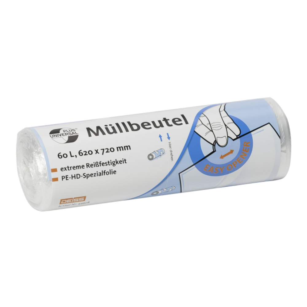 Nous vous présentons le DEISS 46920 de EMIL DEISS KG (GmbH + Co.), un rouleau de sacs poubelles aux dimensions 630 x 850 mm. Chaque rouleau contient 40 sacs avec l'inscription « Müllbeutel » en allemand, qui offrent une résistance exceptionnelle grâce au film spécial PE-HD. Ces sacs poubelles climatiquement neutres disposent également d'un design facile à ouvrir et offrent une solution durable pour vos besoins en élimination des déchets.