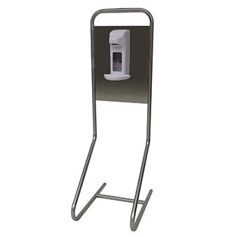 Le modèle sur pied de l'île de désinfection Novocal "Desi" a un cadre en acier inoxydable, une base rectangulaire (385 x 56 mm) et un distributeur de désinfectant pour les mains blanc intégré, monté sur une plaque sombre. Marque : Novocal. Emballage : 1 pièce.