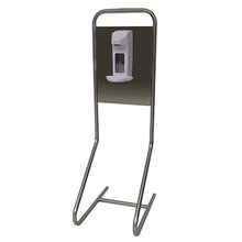 Das Novocal Desinfektionsinsel "Desi" Standmodell hat einen Edelstahlrahmen, einen rechteckigen Sockel (385 x 56 mm) und einen eingebauten weißen Handdesinfektionsmittelspender, der auf einer dunklen Platte montiert ist. Marke: Novocal. Packung: 1 Stück.