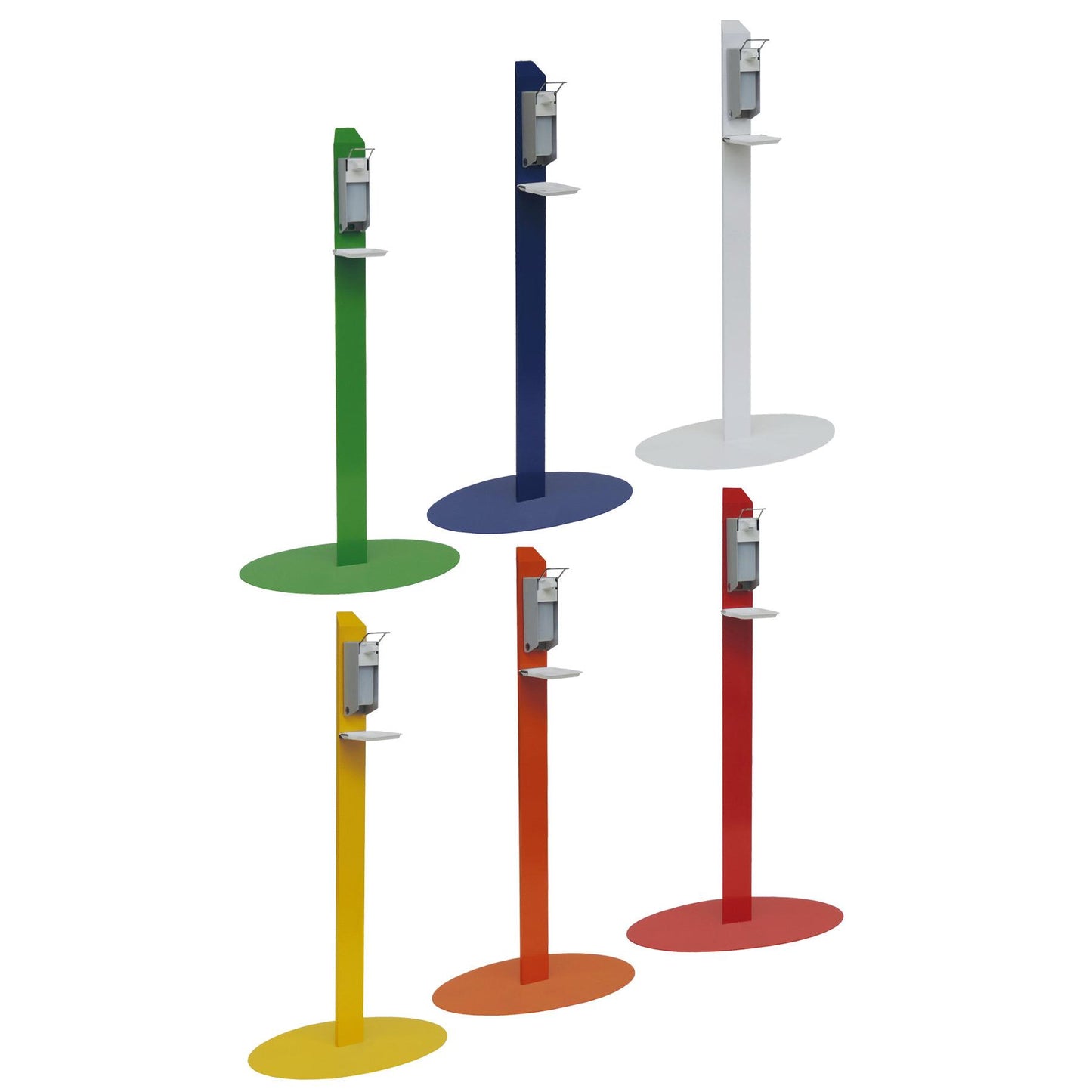 Six unités de modèle de station de désinfection colorées de Novocal - chacune avec un distributeur de désinfectant pour les mains sur un support enduit de poudre noire et une petite étagère - ont été livrées en vert, bleu, blanc, jaune, orange et rouge.