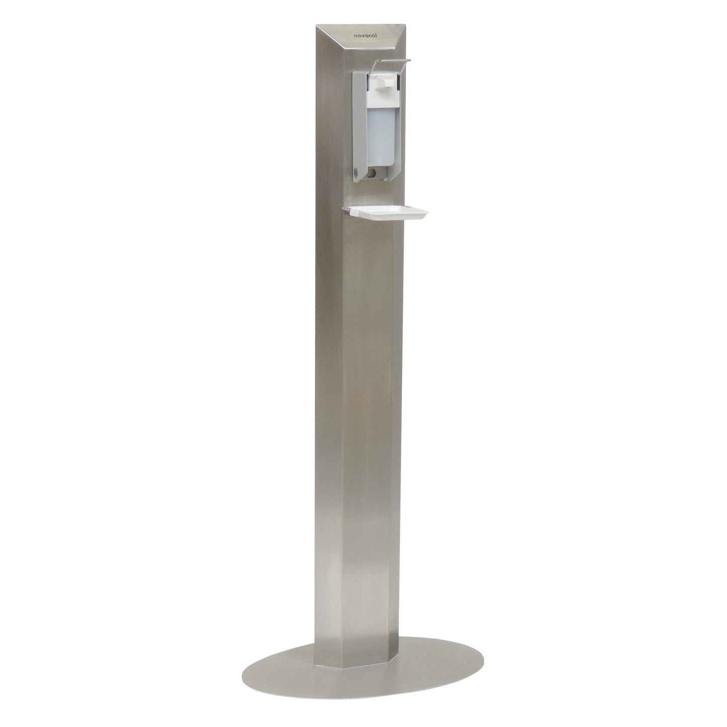Le centre de désinfection Novocal modèle sur pied en acier inoxydable (hauteur : 1,52 m) est équipé d'un distributeur à pompe blanc, d'un bac d'égouttement et d'un pied stable - idéal pour une désinfection des mains hygiénique et pratique.