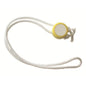 Le bouton de fermeture Novocal | Emballage (1 pièce) de Novocal est une corde tressée blanche avec une pièce en plastique circulaire jaune et blanche, illustrée sur un fond blanc simple.