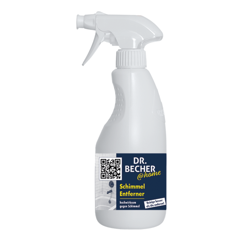 Un vaporisateur avec le produit anti-moisissure DR.BECHER @home | Bouteille (500 ml) de Dr. Becher GmbH. La bouteille est blanche avec une étiquette bleu-jaune-noir, sur laquelle se trouvent un code QR, le nom du produit et un mode d'emploi.