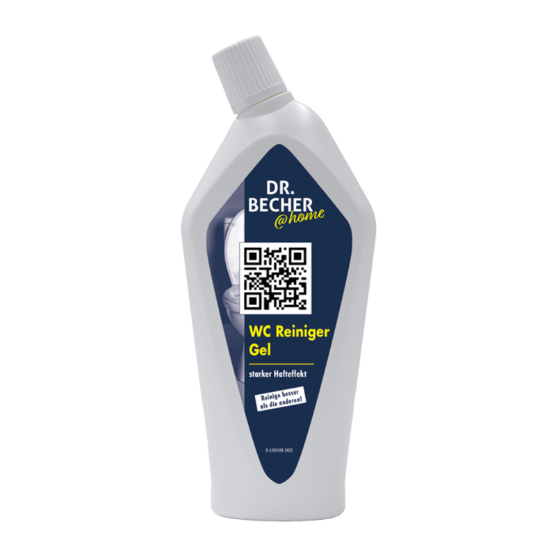 Une bouteille DR.BECHER @home de gel nettoyant WC | L'image montre une bouteille (750 ml) de la société Dr. Becher GmbH. L'étiquette est bleue et blanche et comporte un code QR et un texte jaune avec les mentions « effet puissant contre la graisse » et « à base d'acide pour l'extrême ». La bouteille dispose d'un bouchon blanc incliné sur le côté, promettant une brillance hygiénique même pour les salissures tenaces.