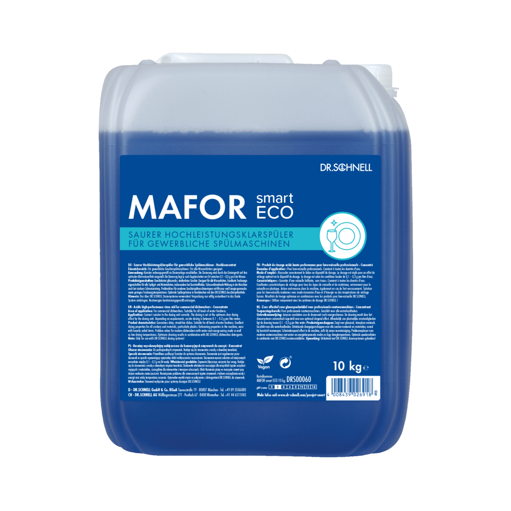 Un bidon de 10 kg Dr. Schnell MAFOR smart ECO de DR.SCHNELL GmbH & Co. KGaA, un produit de rinçage bleu, acide et respectueux de l'environnement destiné aux lave-vaisselle professionnels, dont les informations sur le produit et le mode d'emploi figurent sur une étiquette bleue.